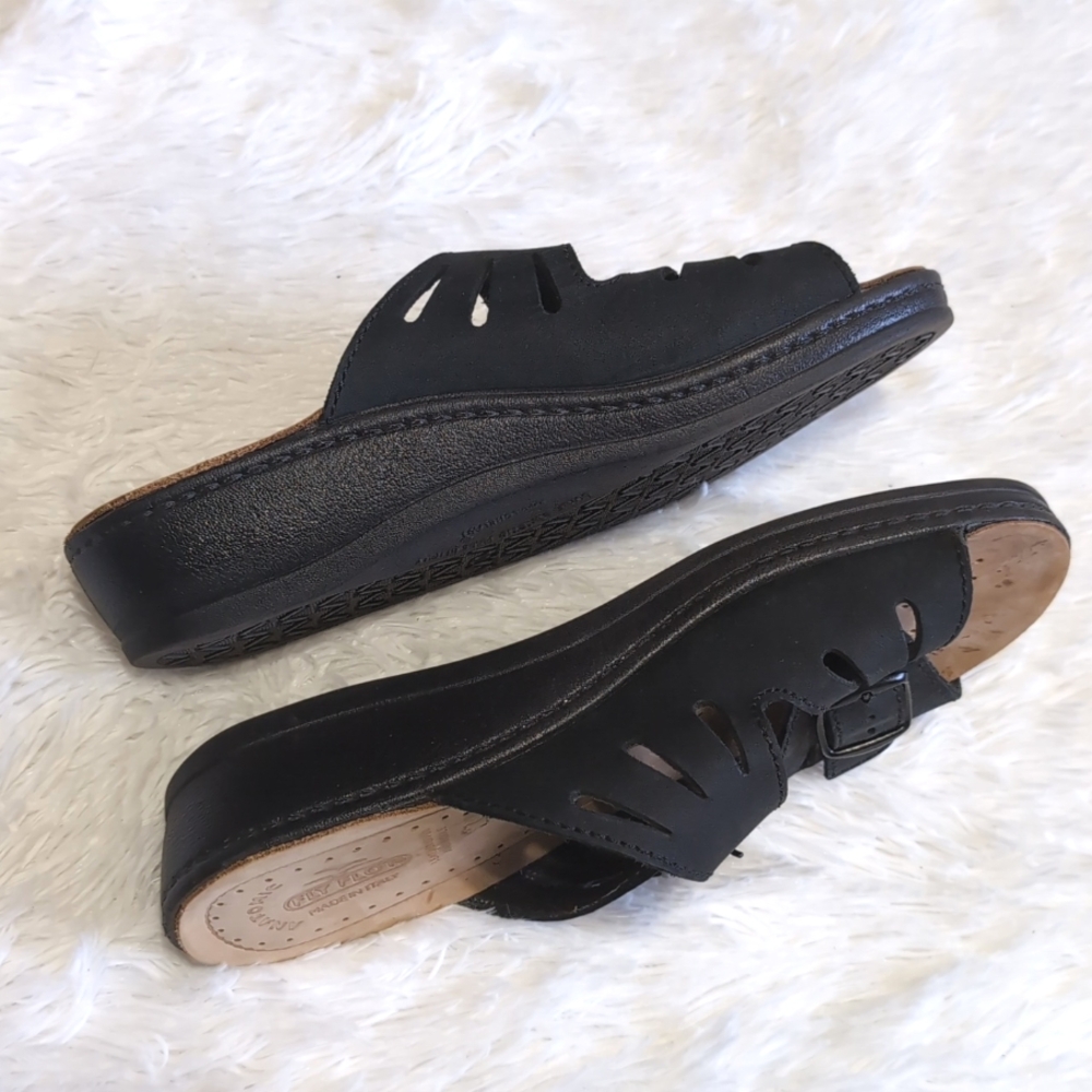Fly Flot Black Genuine Leather Buckle Slide Sandals Size 40/8 - Picture 9 of 12